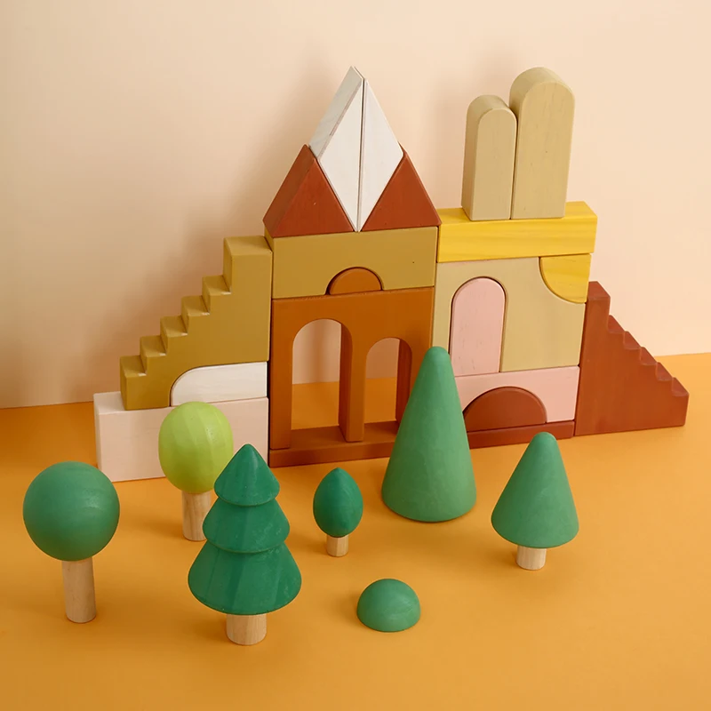 Castle and Forest Развивающие радужные блоки, деревянные игрушки для детей, лесные деревья, замок, строительные блоки, развивающие игрушки для девочек и мальчиков, подарок на день рождения - Цвет: Castle and Forest