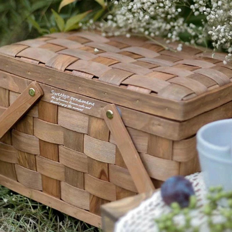 

Portable Wooden Storage Box Wicker Makeup Storage Box Family Camping Picnic Storage Basket