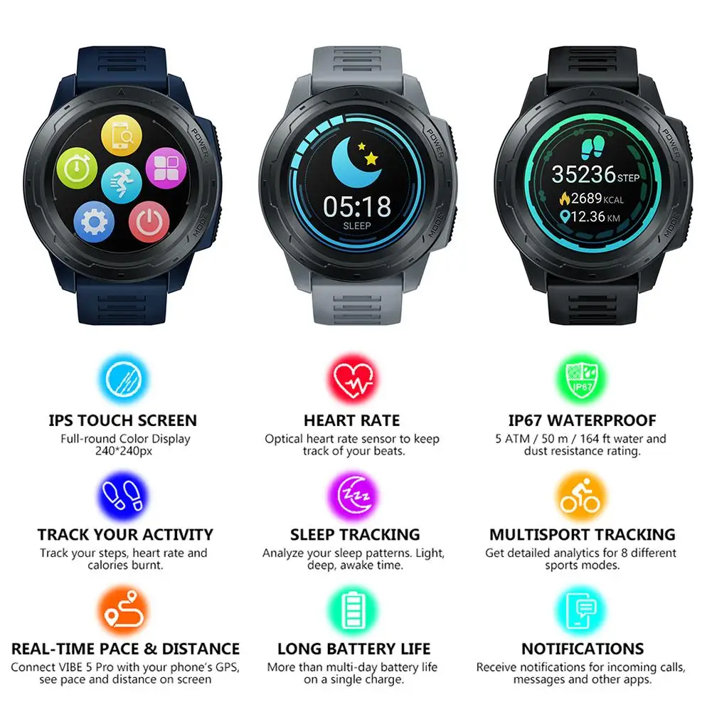 

Multifunction Sport Smart Watch Color Touch Screen for Zeblaze VIBE 5 PRO 1.3 Inch Full-circle Long Battery Life Smart Watch
