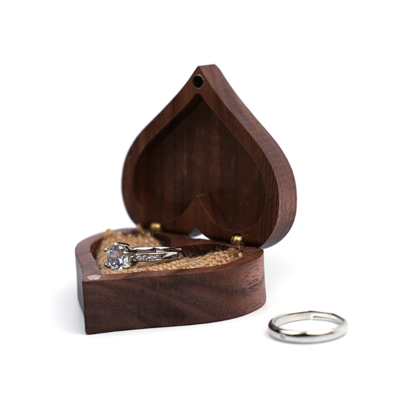 

Heart Shaped Walnut Wood Ring Box Proposal Engagement Ring Holder Velvet Soft Interior Jewelry Ring Earrings Wooden Box