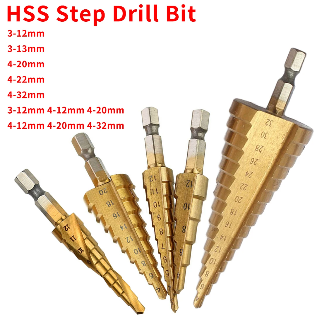 

Step Drill Bit 3-13/3-12/4-20/4-32mm HSS Titanium Steel Woodworking Metal Drilling Set Hex Shank Step Cone Cutting Tools