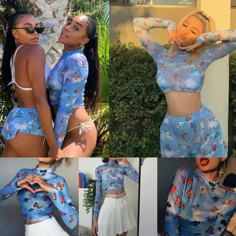 Новинка 2020 сексуальная женская Прозрачная Футболка С Рисунком бабочки кружевная