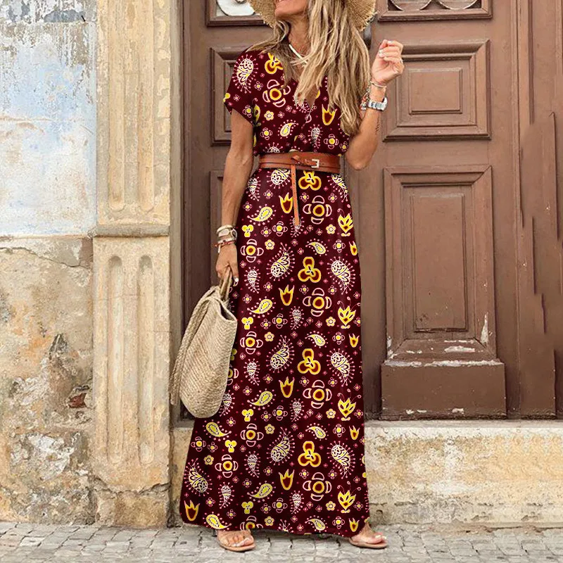 

Leosoxs 2020 Bohemian Summer Casual Belt Print Split Women's Dress Fashion Sexy Deep V Neck Short Sleeve Ladies Dresses Vestidos