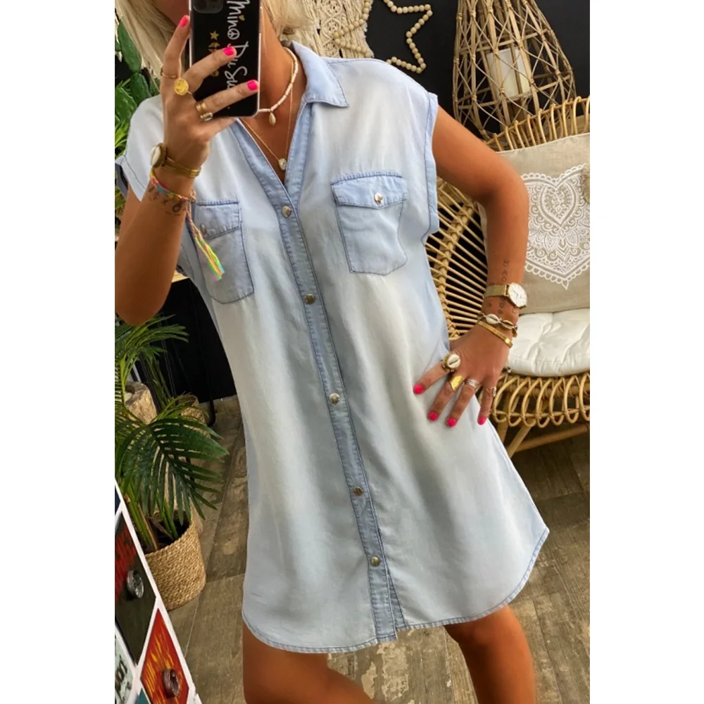 Женское платье рубашка Lugentolo летнее однобортное без рукавов свободного размера