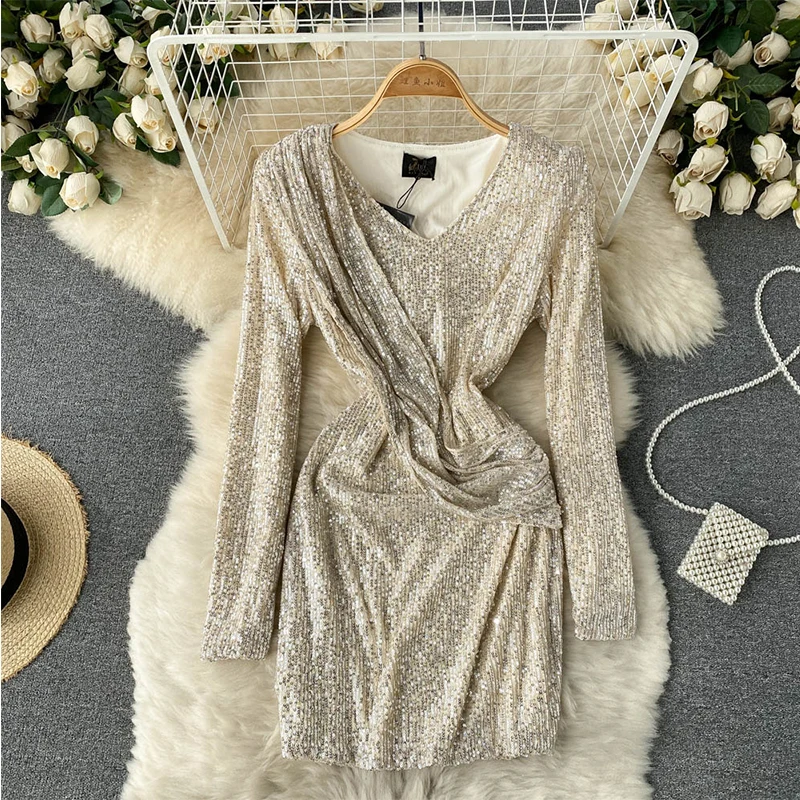 

FMFSSOM New Spring Autumn Women Sexy V-neck Sequins Short Dress Lady Fashion Slim Solid High Waist A-line Party Dresses