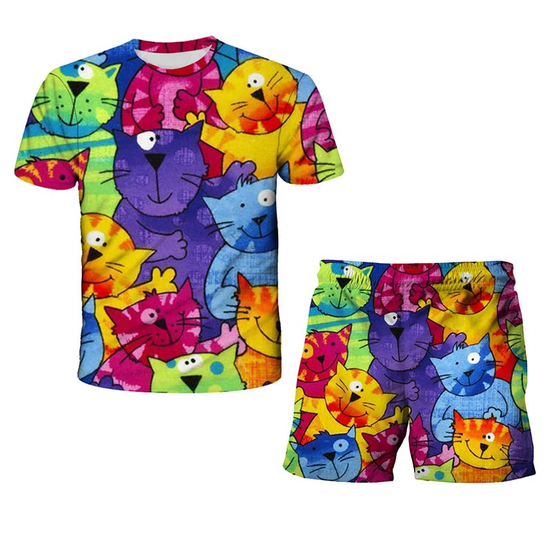 

Summer new fashion children 3D printing flower T-shirt short sleeve + shorts suit hip-hop top Harajuku shorts kids suit