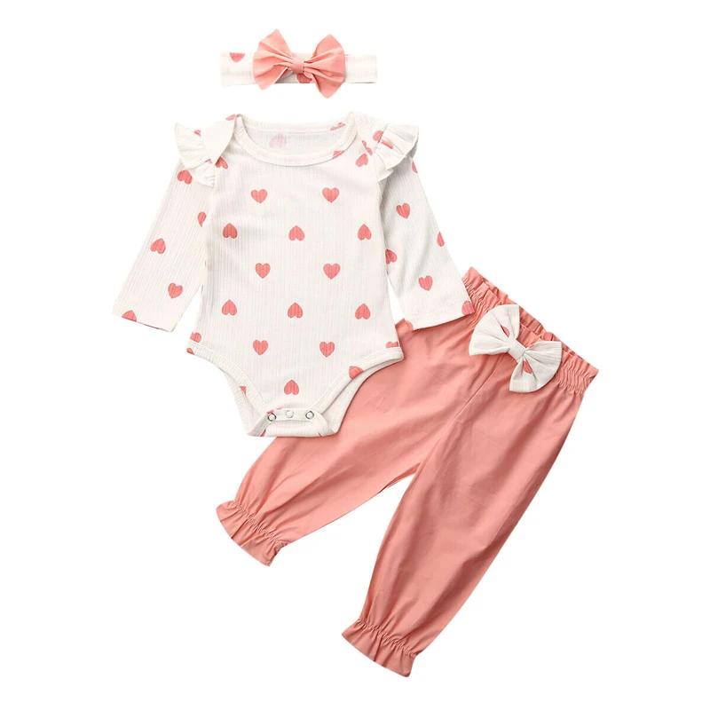 Lovely 3PCS Newborn Baby Girls Clothes 0-18M Infant Heart Print T shirt Tops Bodysuit Pants Headband Outfit Autumn Set Tracksuit | Детская