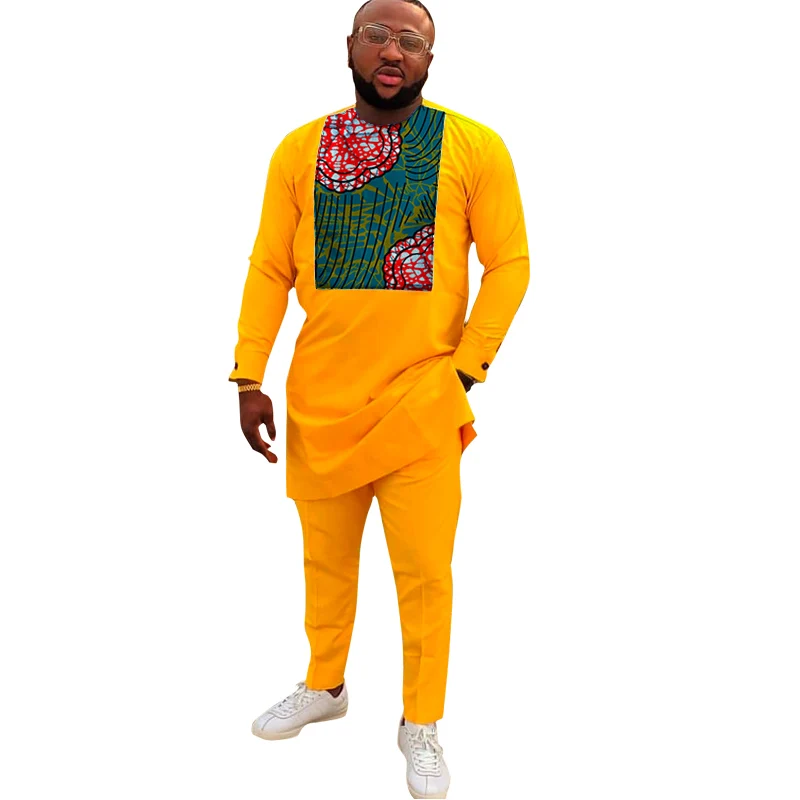 Мужской комплект одежды желтый хлопковый лоскутный топ с Африканским принтом +