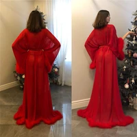 2021 red chiffon bridal dressing gown with fur belt long sleeve wedding bathrobes women boudoir sleepwear nightgowns