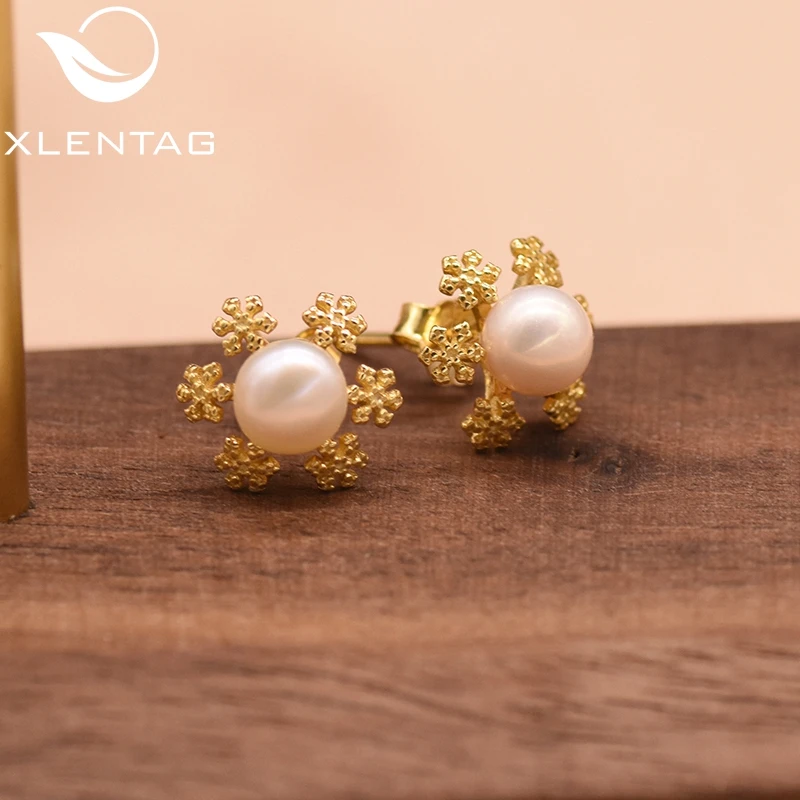 

XlentAg Natural Fresh Water White Pearl Snowflake Stud Earrings For Women Girl Lovers' Minimalist Ctue Wedding Engagement GE0865