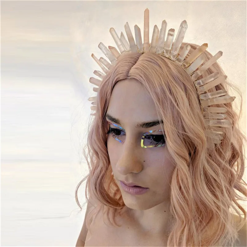 

Rose Quartz Crystal Halo Rose Crown Pink Quartz Bohemian Crown Bridal Crystal Headpiece Bridal Tiara