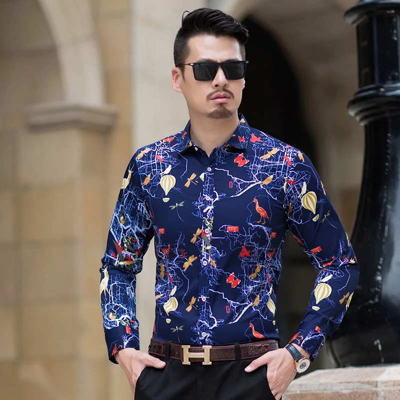 

Men's Shirt Luxury Animal Plus Size Print Long Sleeve Daily Tops Basic White Navy Blue Club Social Shirt Slim Dress Party Shirts