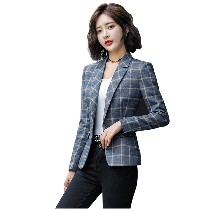 Женский клетчатый Блейзер базовое пальто размера плюс верхняя одежда синего