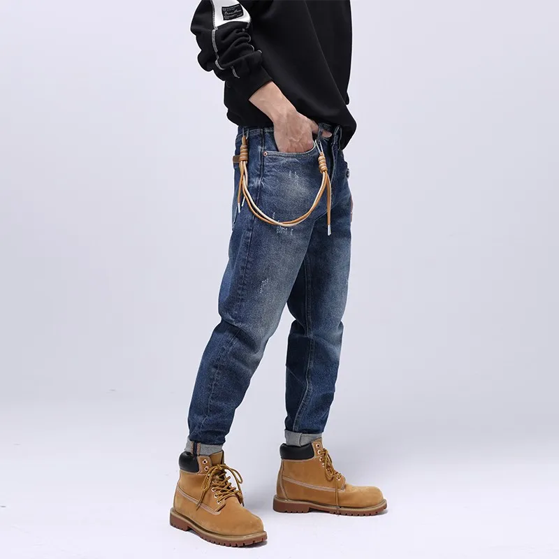Japanese Vintage Fashion Men Jeans Loose Fit Retro Blue Wide Leg Ripped Jeans Men American Street Casual Hip Hop Denim Pants