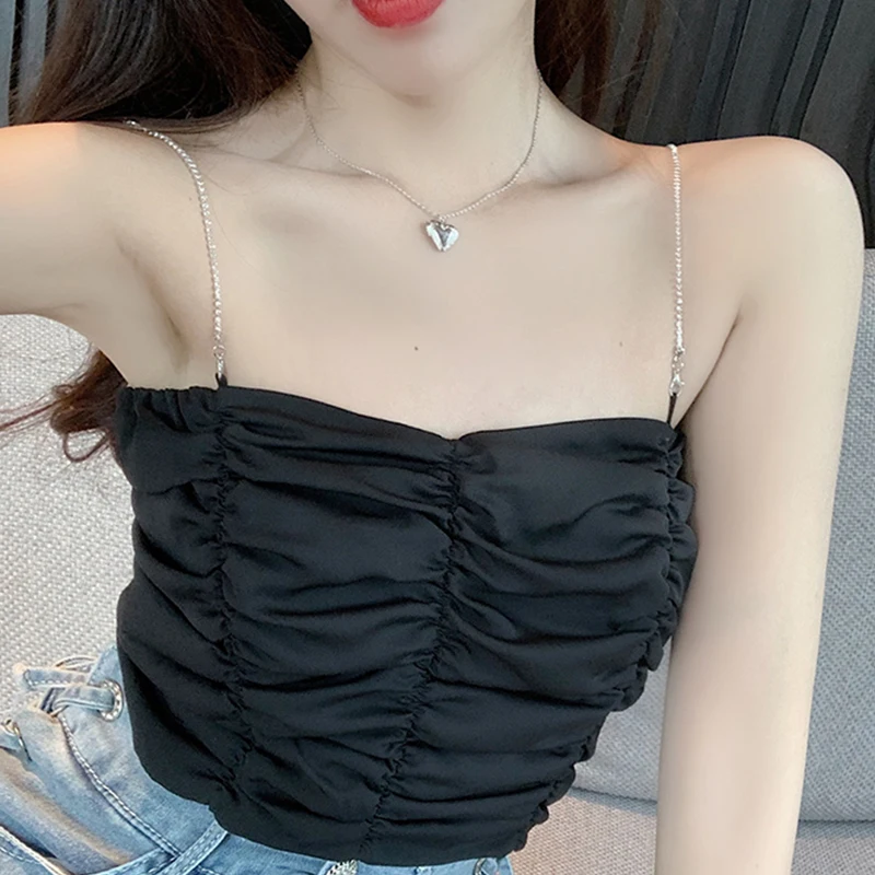 

Sexy Spaghetti Strap Tops Or Camisole Women Draped Design Party Clubwear Bar Fashion Crop Camis Female Streetwear Black Y2K Tops