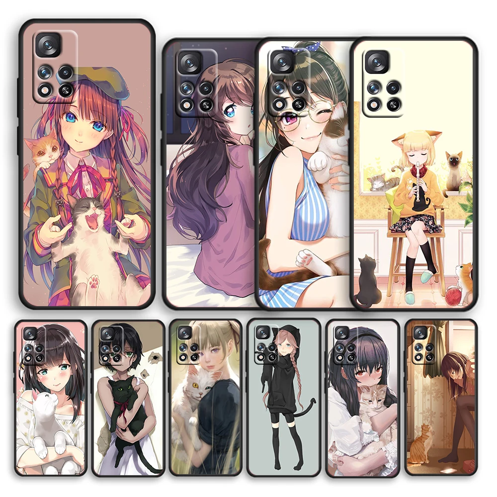 

Anime Girl With Cat Cute for Xiaomi Redmi Note 11 10S 10T 9T 9S 8T 7S 6 5A 4X Pro Max 5G 2021 Soft Black Phone Case Cover