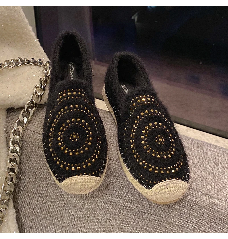 Fashion Hemp Loafers Women Espadrilles Flats Shoes Sewing Rhinestone Round Toe Ladies Casual Moccasins Slip On Brand Style New