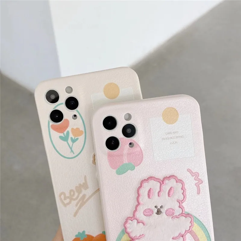 

3D Leather embroidery rainbow bear rabbit flower peach soft phone case for iphone 11 Pro Max X XR XS 7 8 plus SE 2020 Cute cover