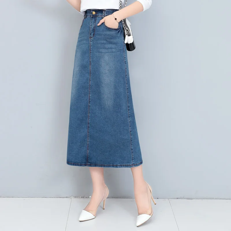 

Light Blue High Waist Jeans Skirt Spring Autumn Women Casual All-match Elastic Waist A Line Midi Skirt Female Long Denim Skirts