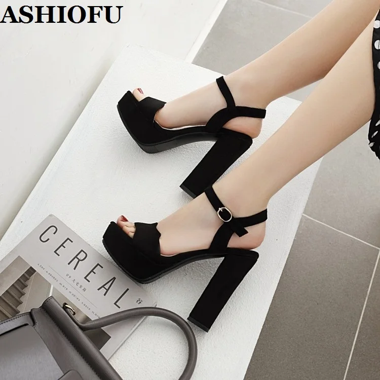 

ASHIOFU Hot Sale Women's Chunky Heel Sandals Black Faux-suede Platform Summer Shoes Open-toe Sexy Party Evening Fashion Sandals