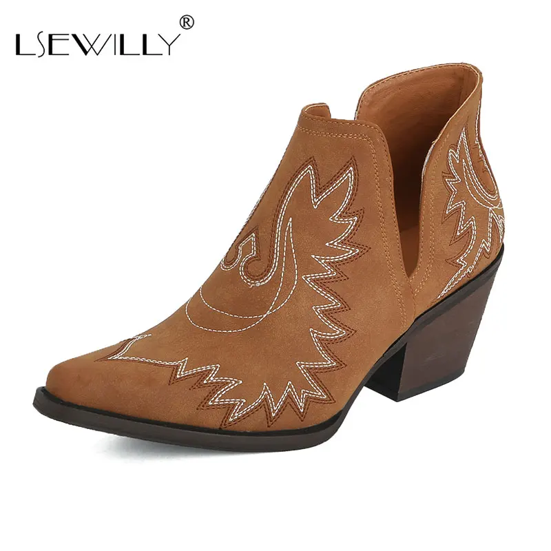 

Lsewilly Autumn Women Ankle Short Boots Vintage Cowboy Embroidery Western Combat Chunky High Heel Chelsea Booties Botas Mujer