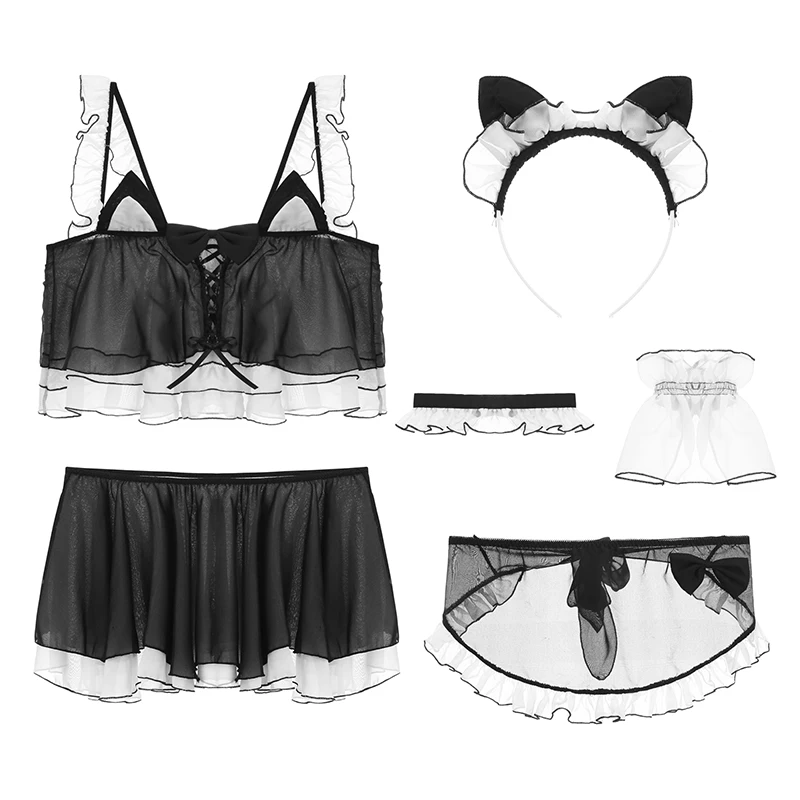 

New Cat Girl High-end Chiffon Six-piece Sexy Uniform Game Seduction Underwear Set