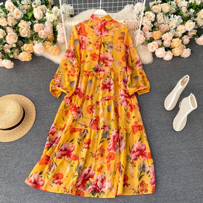 

Holiday Beach Style Long Chiffon Loose Women Dresses Summer New Lantern Loose Ankle Length Lady Elegant Dresses Top Quality