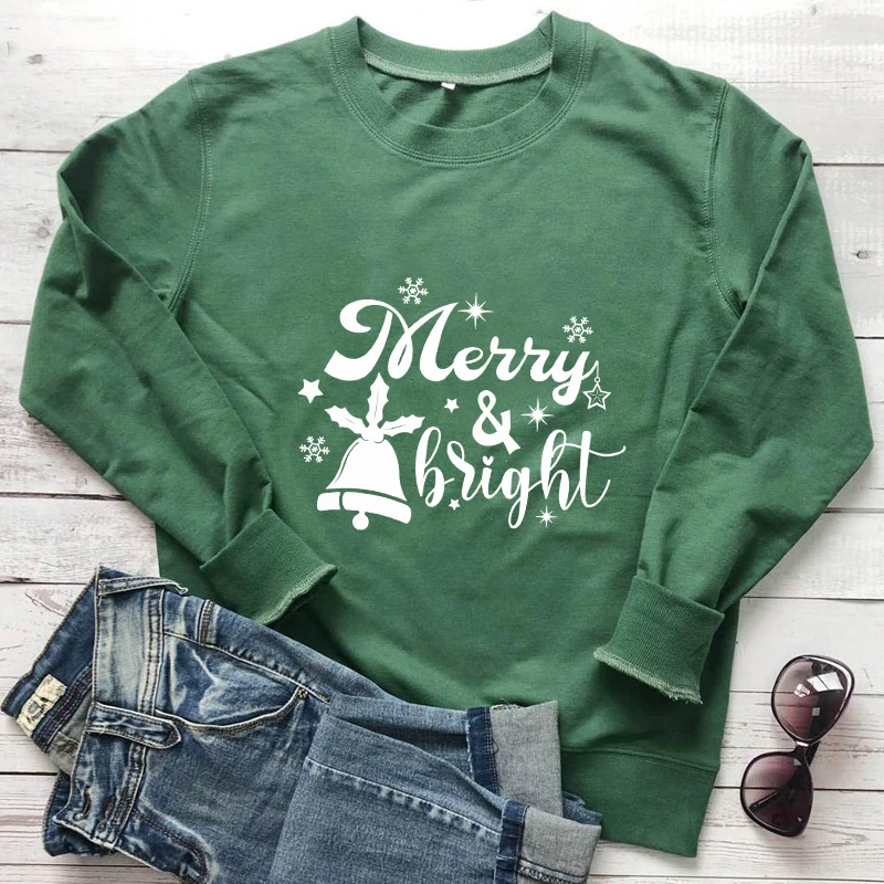 

Merry & Bright Sweatshirt Cute Women Winter Long Sleeve Christmas Holiday Pullovers