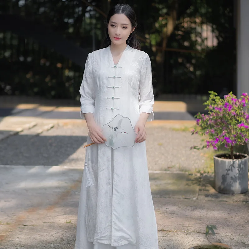 

Modern hanfu New Chinese traditional clothing improved cheongsam Literary retro dress Elegant woman Linen Zen dress Tang suit