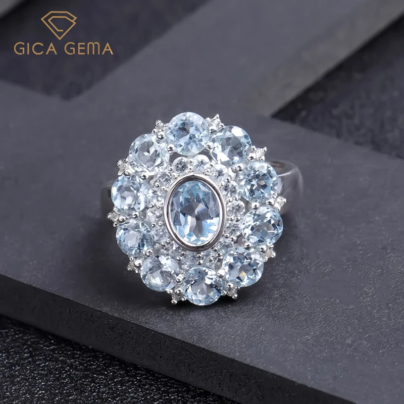 

GICA GEMA в винтажном стиле натуральный голубой топаз кольца для женщин и девушек, реальные 925 стерлингового серебра Овальный драгоценный камен...