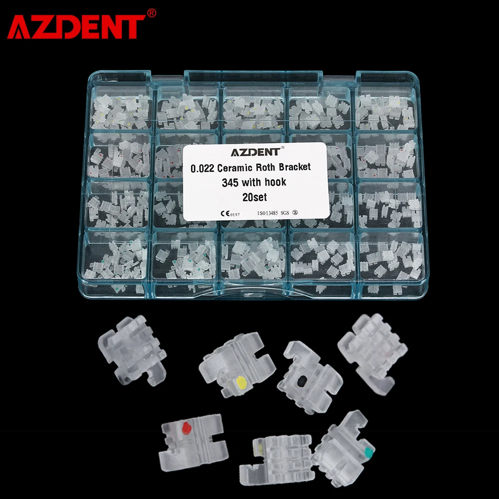 

AZDENT 400pcs/Box Dental Orthodontic Ceramic Brackets Roth/MBT 5*5 Slot.022 345 Hooks Mesh Base Braces