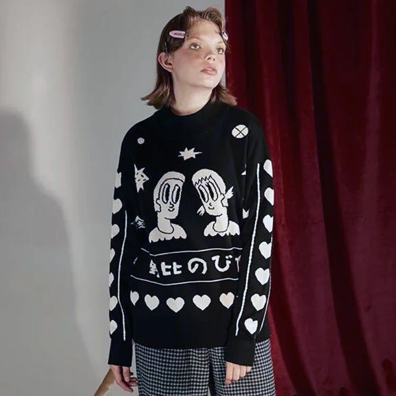 

Nice Pop Autumn Sweater Ladies Harajuku Cartoon Anime Sweater Pure Cotton College Style Sweater Loose High Neck Knitted Sweater
