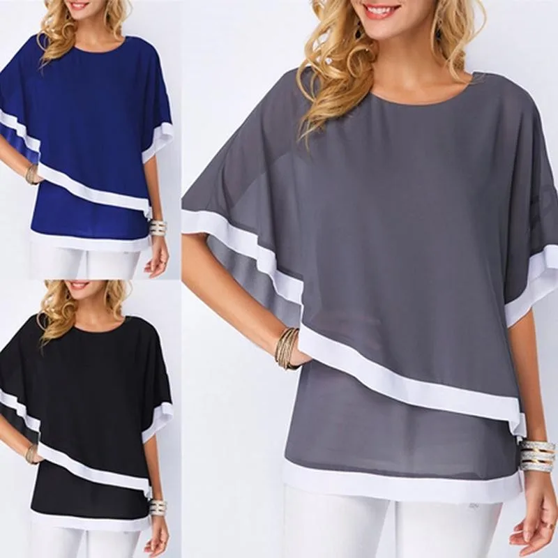 Plus Größe Blusen Für Frauen 5XL Patchwork Doppel Schicht Tops Casual Batwing Tunika 2020 Herbst Große Größe Chiffon Shirts