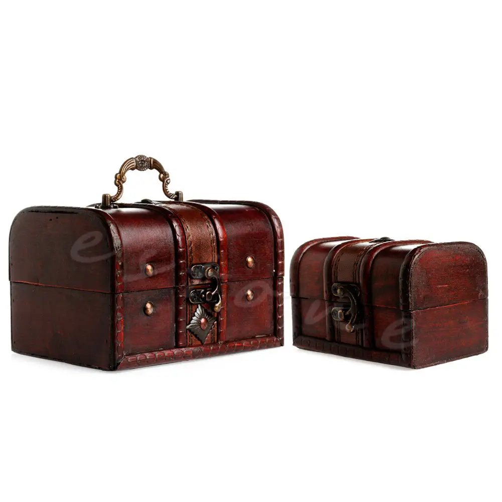 

2pcs Set Wooden Pirate Jewelry Storage Box Case Holder Vintage Treasure Chest