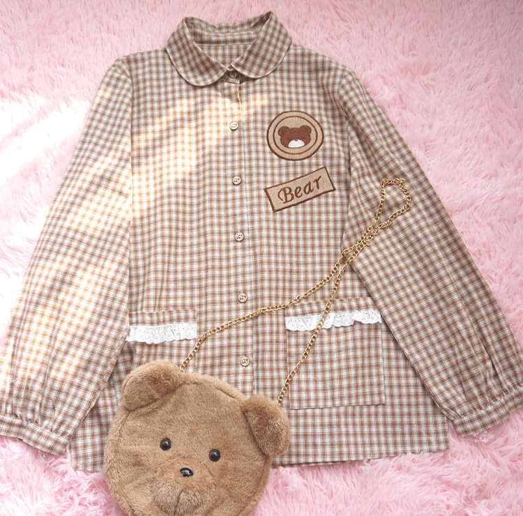 Японская Осенняя Новая женская рубашка с длинным рукавом милый медвежонок