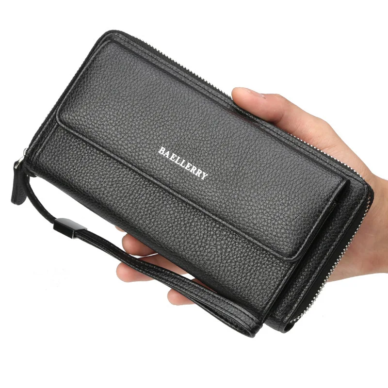 

Men's Business Leather Wallet Large Capacity Clutch Bag With Wristlets Phone Bag’s Zipper Lychee Texture Card Holder Coin Purse