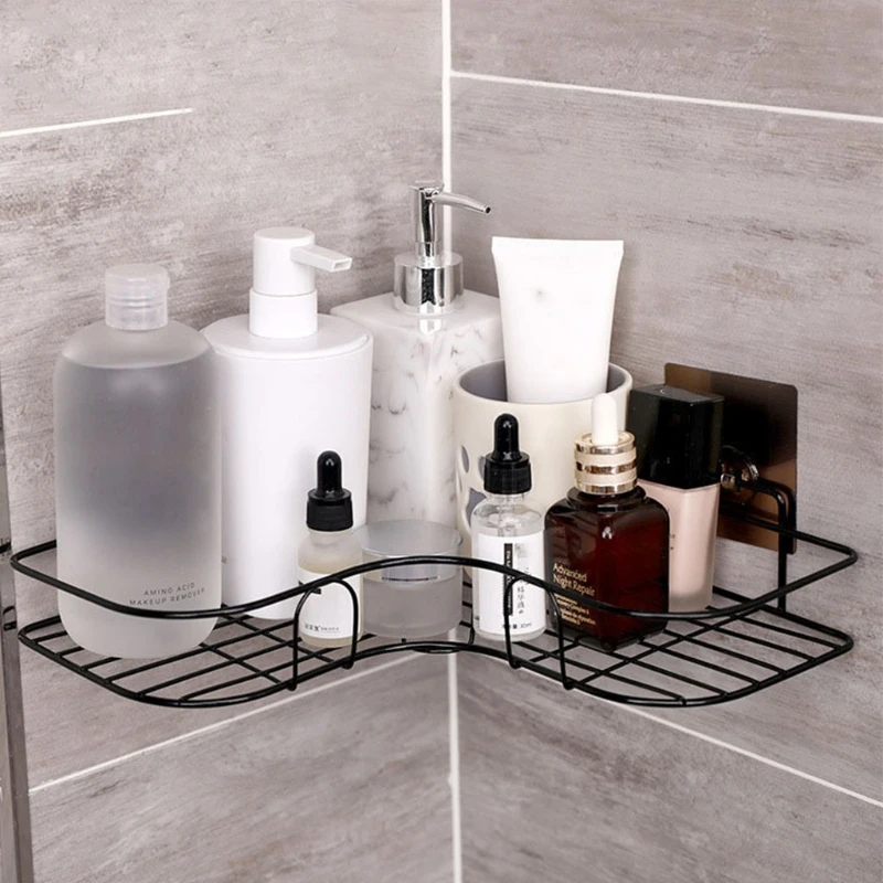 

Self Adhesive Bathroom Shower Shelf Metal Wall Mounted Storage Organizer Rack Triangle Basket No Drilling