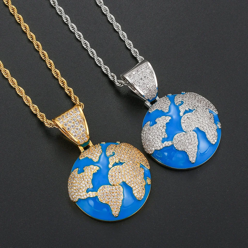 

European and American Street Hip Hop Necklace Micro-inlaid Zircon Creative Blue Earth Pendant Hip Hop Personality Men's Necklace