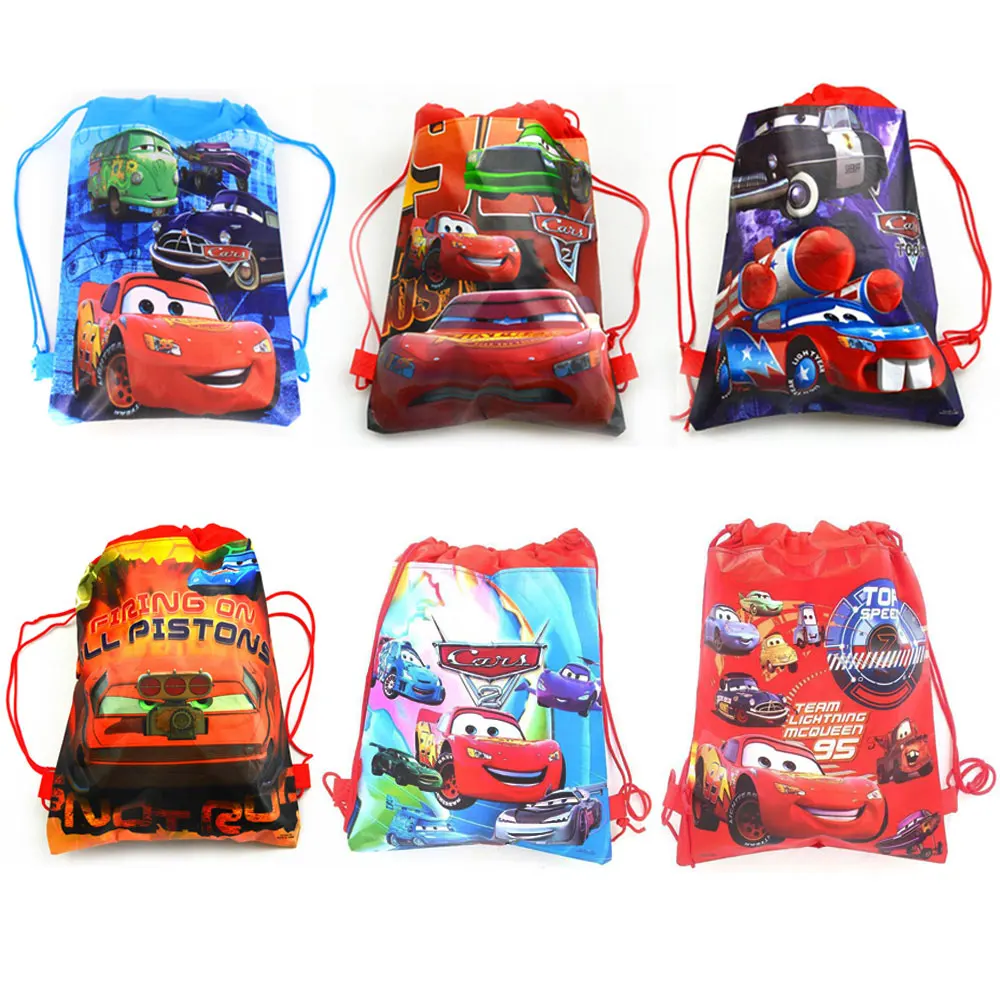 

6/12/24/30PCS Disney Car Party Bags For Kids Birthdays Non-woven Fabrics Shopping Bag Drawstring Backpack School Party Gift Bags