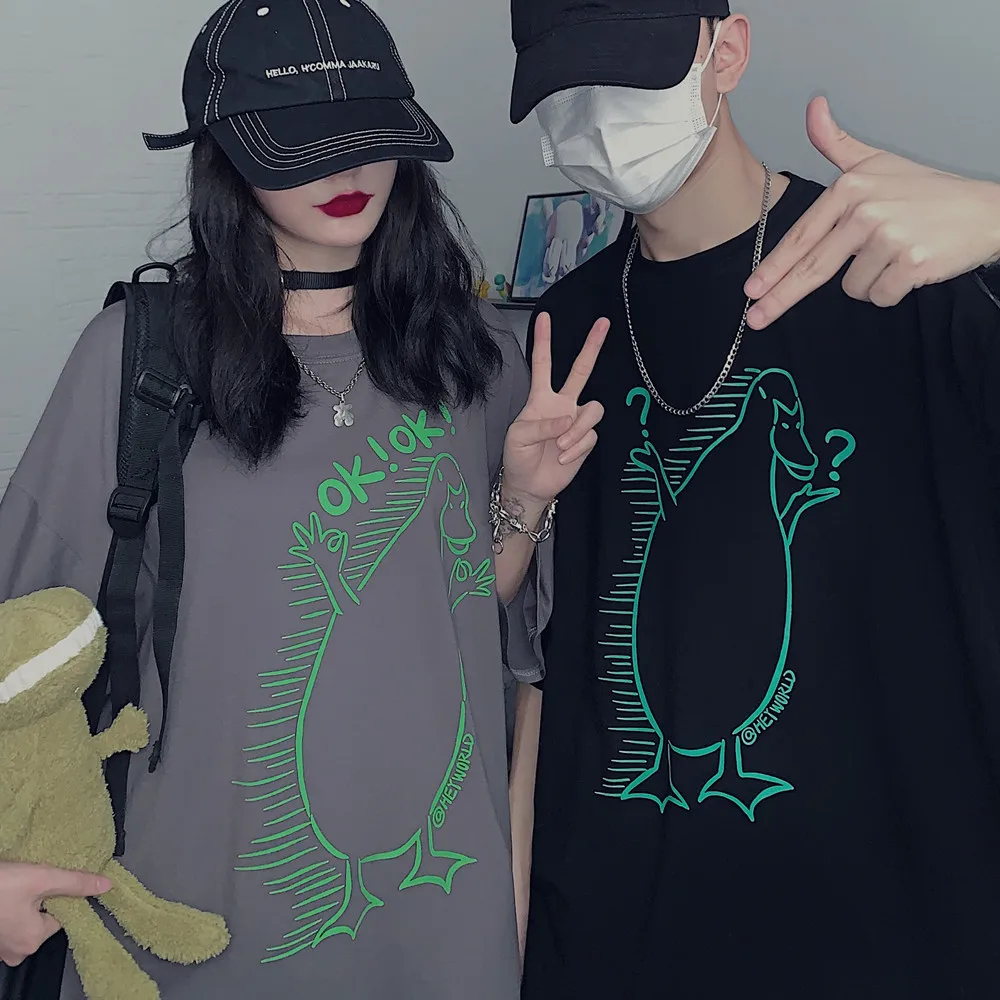 

Cute Duck Print Couples Summer Women's Men's T-shirt Gothic Casual Harajuku Short Sleeve Street Style Black Gray Kawaii 2021 New