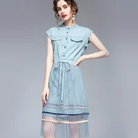 new denim dress women summer 2021 fashion casual all match two piece set classic o neck denim dress and pleated gauze skirt
