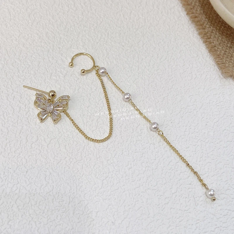 

MENGJIQIAO 2021 Fashion Cute Zircon Butterfly Stud Earrings For Women Girls Elegant Pearl Chain Pendientes Jewelry Gifts