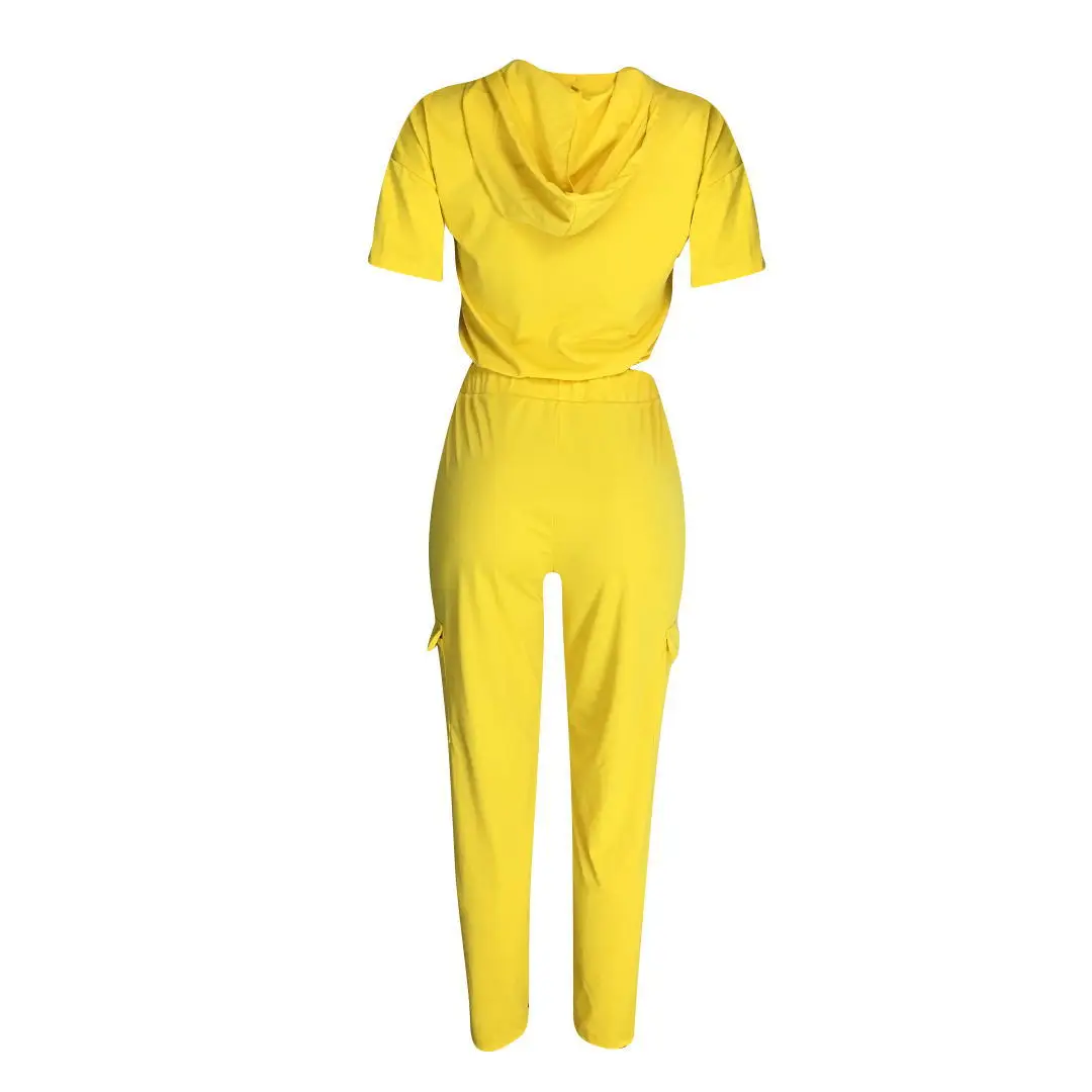 

2021 Women's Spring Clothing Casual Clothing Fashion Short Sleeve + Drawstring Elastic High Waist Long Pants Set Summer Clothing