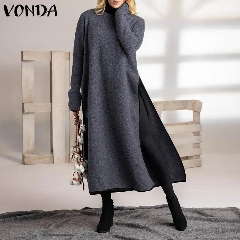 VONDA-فستان طويل غير متماثل للنساء ، فضفاض ، ياقة دائرية ، شق جانبي ، كنزة صوفية ، كنزة طويلة ، خريف