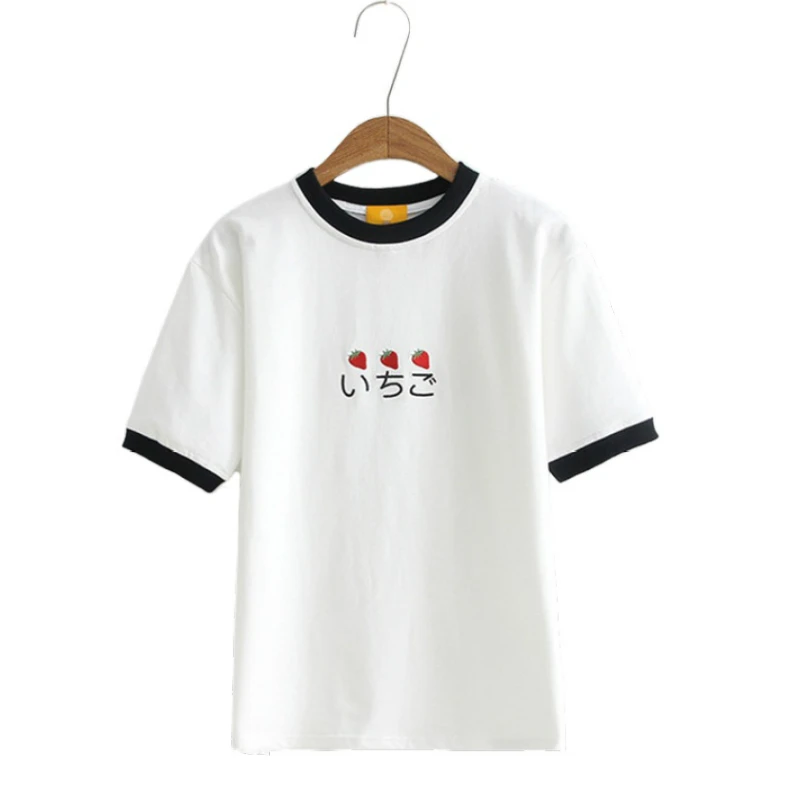 

Футболка женская с вышивкой в японском стиле Харадзюку, хлопковая Повседневная рубашка с коротким рукавом и круглым вырезом, милый стильны...