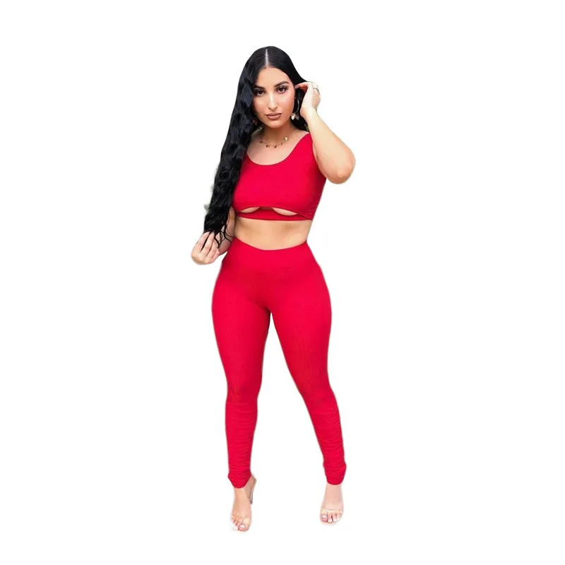 

Sportswear Stacked Sweatpants Matching Sets Womens Ribbed Casual Workout Bodycon Tracksuits Hollow Out Slim 2 Piece Set