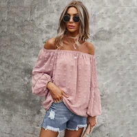 women loose tees embroidery t shirts floral slash neck polyester shirts flare long sleeve 2021 clothes fashion summer tops