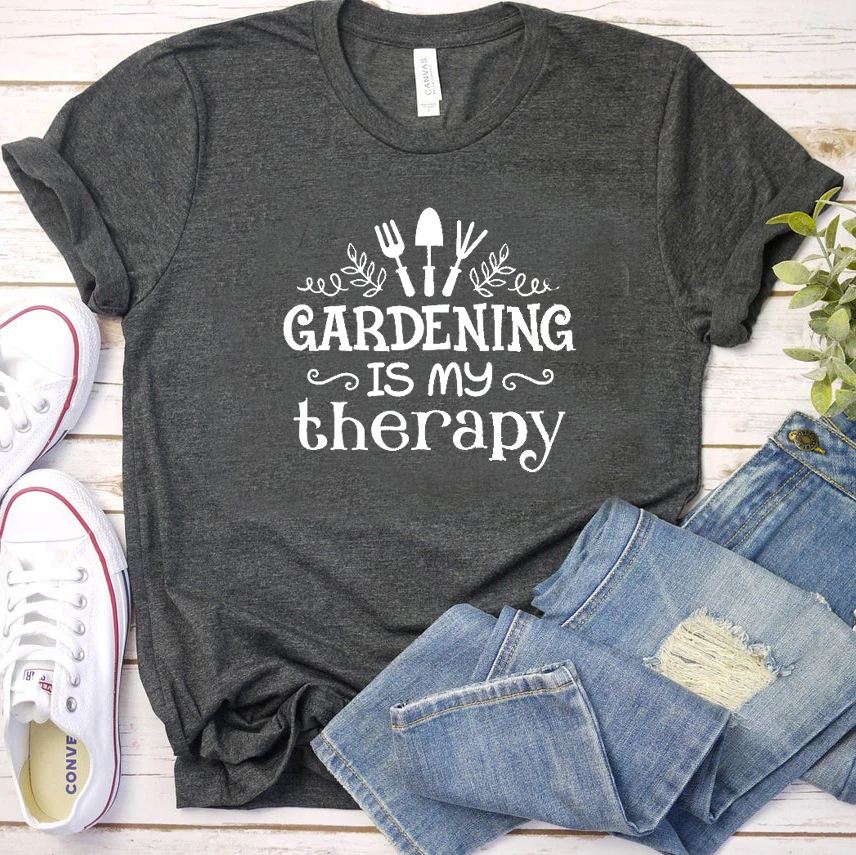 

Women Shirt with Saying Gardening Is My Therapy Unisex Plant Lover Fashion Tops Female Gardener Vacation Casual Tee