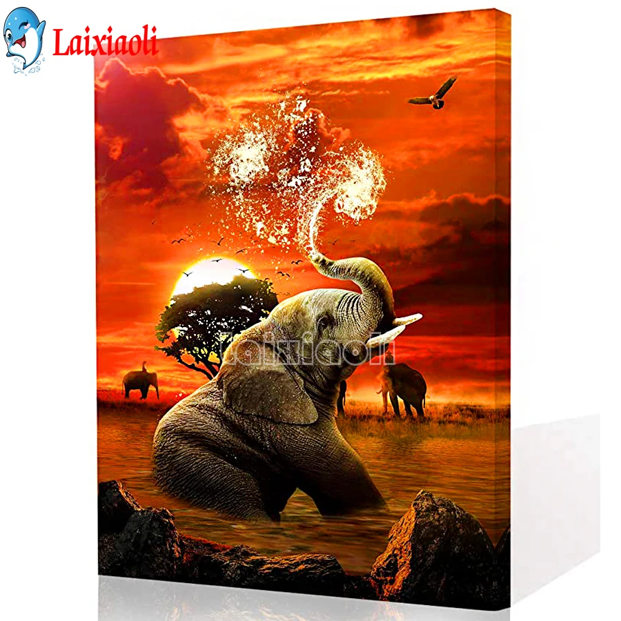 

Elephant playing with water animal at sunset Full drill DIY Diamond Embroidery Cross stitch Diamond Painting Handmade Home Decor