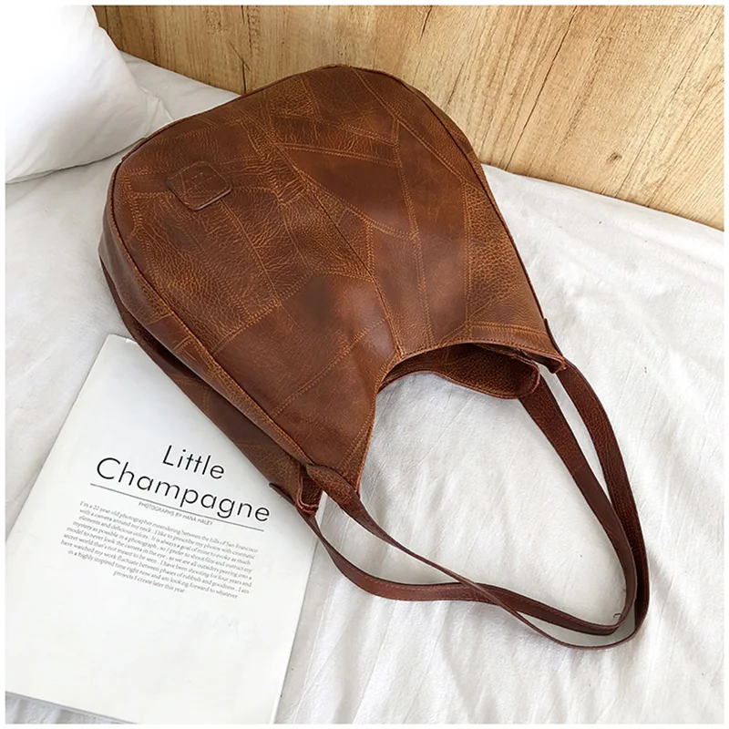 

Fashion new PU shoulder bag stitching pattern retro casual portable Messenger bag female bag tote bag literary simple large